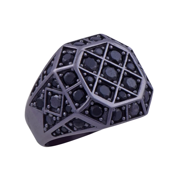 Siyah Zirkon Taşlı Erkek Gümüş Yüzük 14.8 gr - 2