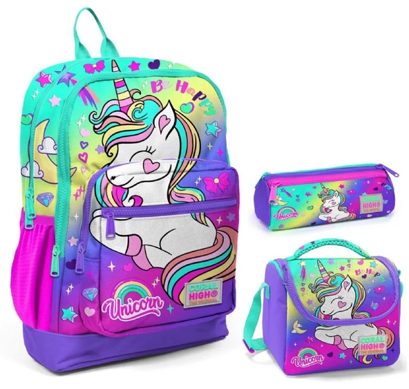 Coral High Su Yeşili Lavanta Unicorn Üçlü İlkokul Okul Çanta Seti