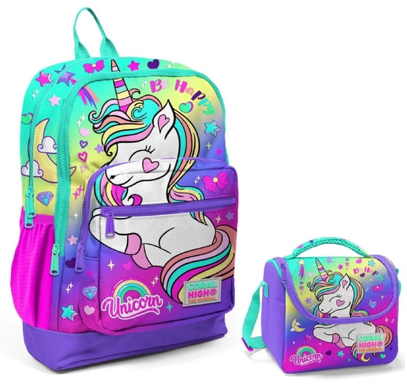 Coral High Su Yeşili Lavanta Unicorn Okul Sırt ve Beslenme Çantası Seti