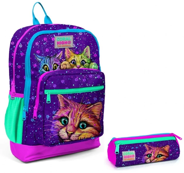 Coral High Mor Kedi İlkokul Sırt Çantası ve Kalemlik Seti