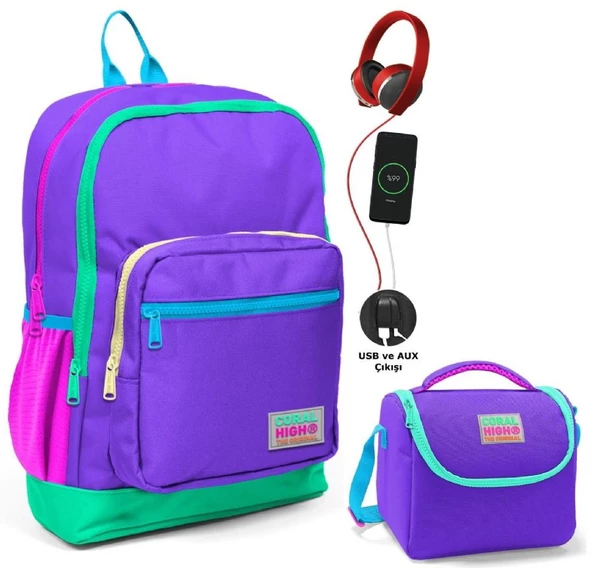 Coral High Mor Okul ve Beslenme Çantası Seti - Usb Soketli - Kız Çocuk