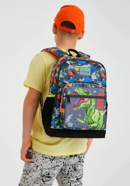 Coral High Gri Yeşil Dinazor Üçlü İlkokul Okul Çanta Seti - Resim 2