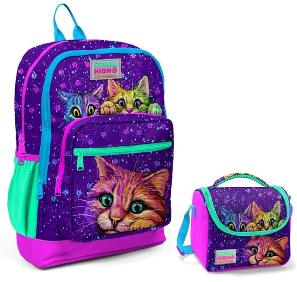 Coral High Mor Kedi Okul Sırt ve Beslenme Çantası Seti ürün görseli