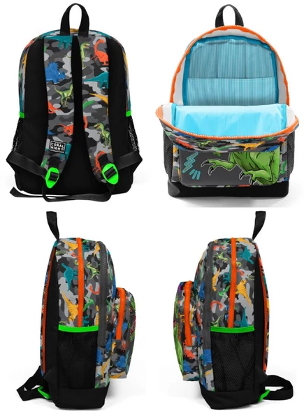 Coral High Gri Yeşil Dinazor İlkokul Sırt Çantası ve Kalemlik Seti - Resim 2