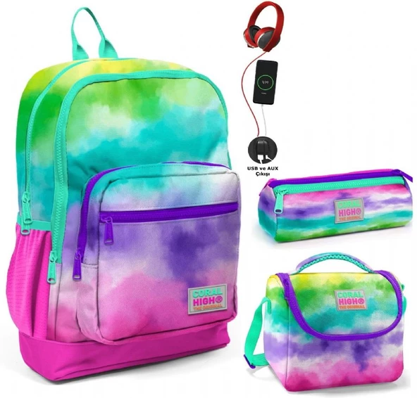 Coral High Renkli Boyama USB Soketli Üçlü İlkokul Çanta Seti - Kız Çocuk