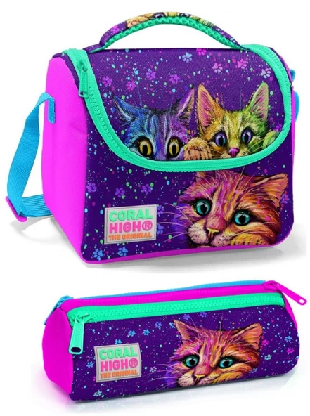 Coral High Pembe Mor Kedi Kız Çocuk Beslenme Çantası Seti