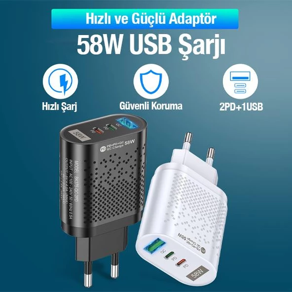 Polham Süper Hızlı 58W 2x PD Type C, 1x USB Girişli Şarj Başlığı, Yüksek Akım Korumalı Şarj Adaptörü - 2