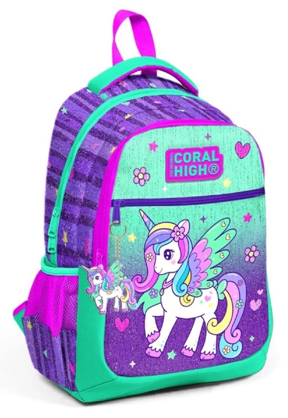 Coral High Kız Çocuk İlkokul ve Ortaokul Sırt Çantası - Mor Yeşil Unicorn