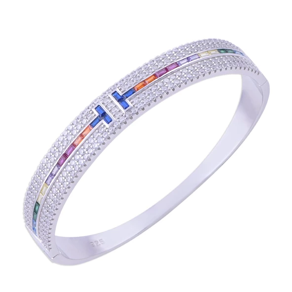 925 Ayar Gümüş Kelepçeli Kadın Bileklik Renkli Taşlı 21.2 gr ürün görseli 1