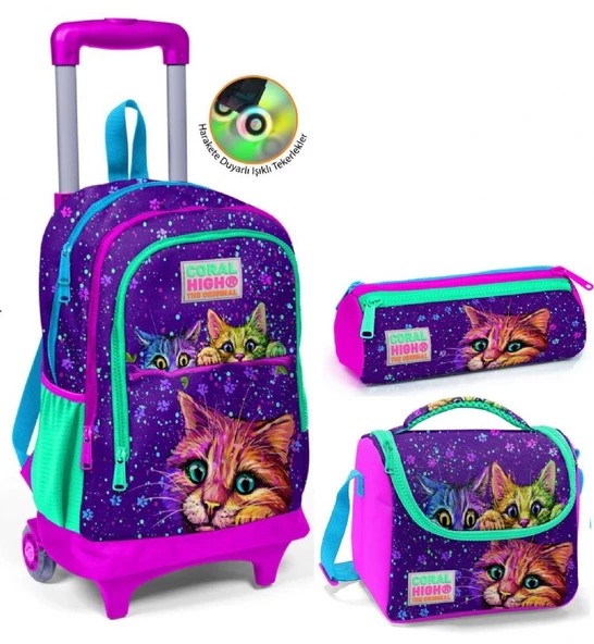 Coral High Mor Kedi Çekçek Okul Çantası Seti - Işıklı Tekerlekler - Kız Çocuk