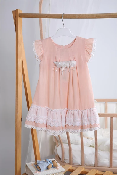 Bayramlık Keten Kız Bebek Çocuk Elbise 12787 - 2