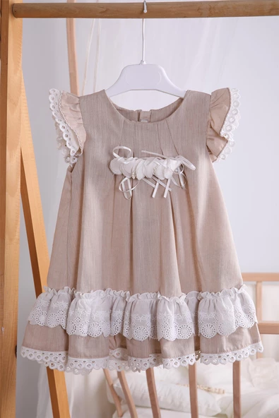 Bayramlık Keten Kız Bebek Çocuk Elbise 12787 - 4