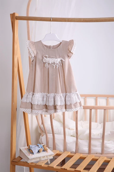 Bayramlık Keten Kız Bebek Çocuk Elbise 12787 - 3