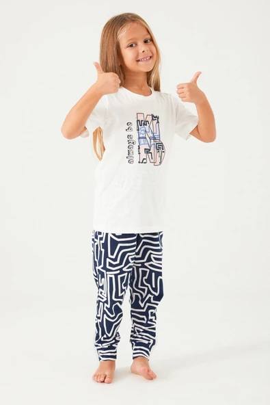 Arnetta 2403 Garson Always Be Kind Krem Kız Çocuk Kısa Kol Pijama Takım - Resim 3