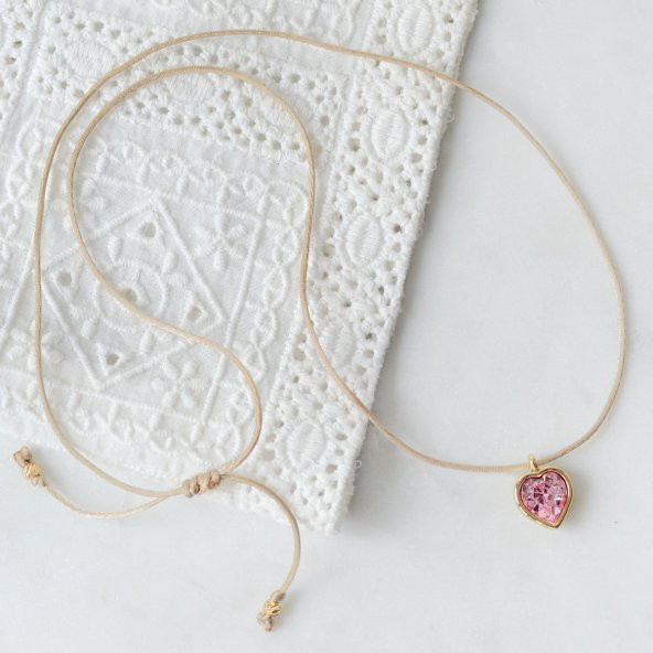 Altın kaplama açık pembe swarovski kalpli ayarlanabilir ip kolye