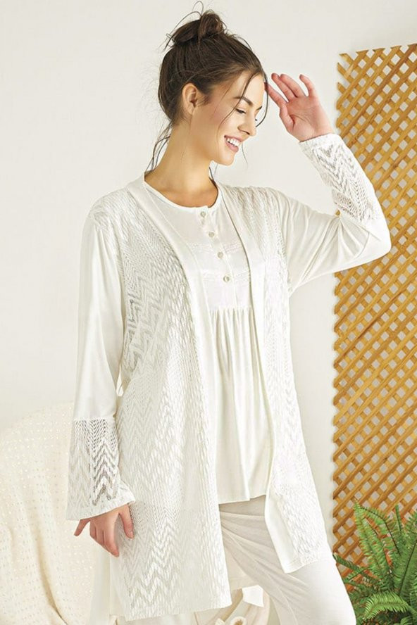 Ekru Renk 3lü ve Sabahlıklı RML-2315 Lousa - Hamile Pijama Takımı