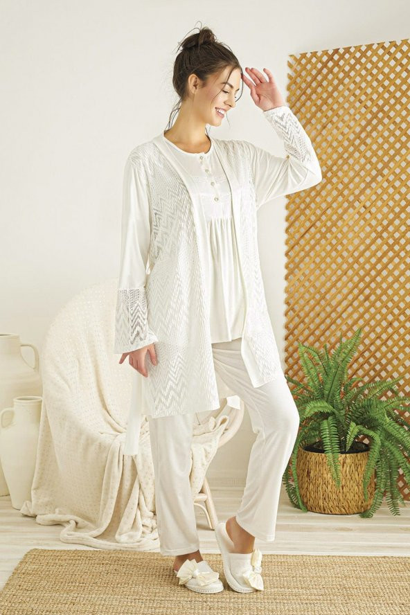 Ekru Renk 3lü ve Sabahlıklı RML-2315 Lousa - Hamile Pijama Takımı - 3