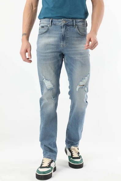 Erkek Dizi Yırtık Regular Fit Jean Pantolon Mavi - 6