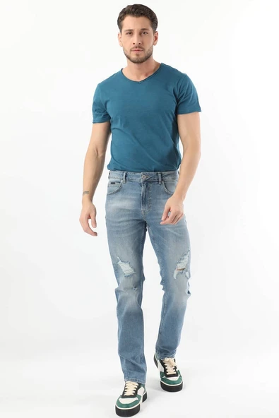 Erkek Dizi Yırtık Regular Fit Jean Pantolon Mavi - 2