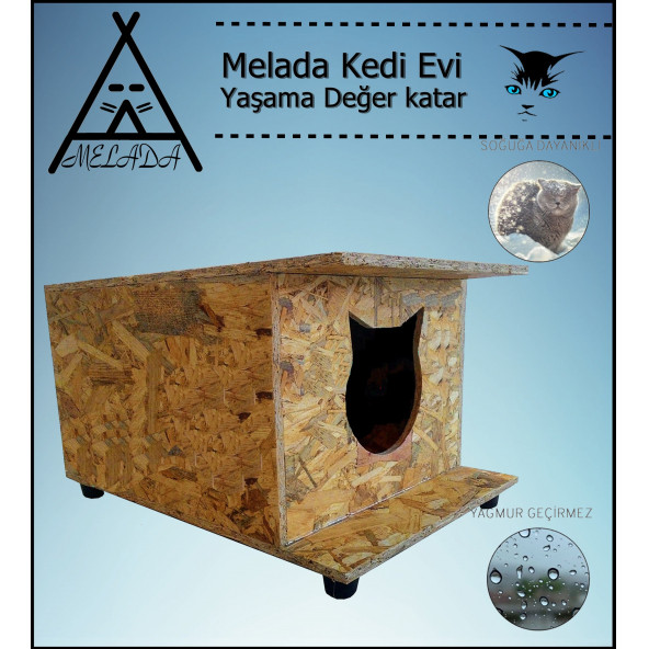 Melada Kedi Evi Dış Ortam Uygun Ahşap Kedi Evi OSB 47x36x25 cm