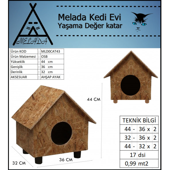 Melada Kedi Evi Dış Ortam Uygun Ahşap Kedi Evi OSB 44X36X32 cm - 5