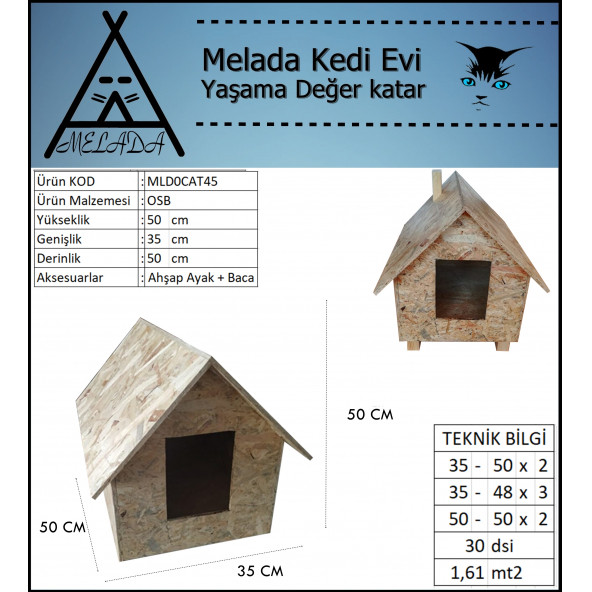 Melada Kedi Evi Dış Ortam Uygun Ahşap Kedi Evi OSB 50x50x35 cm - 4