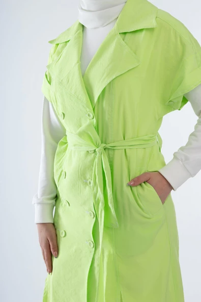 Düğme Aksesuarlı Spor Yelek - Elma Yeşili - 6