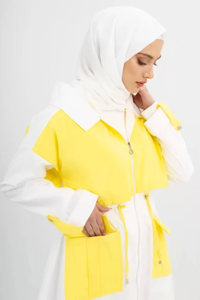 Körüklü Cepli Kapüşonlu Spor Kap - Sarı/Ekru - 6
