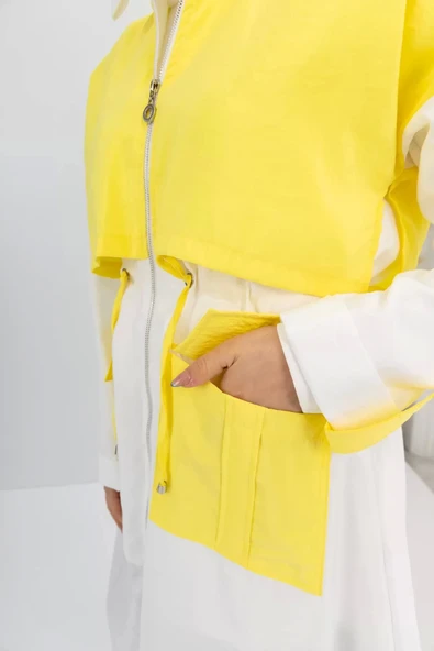 Körüklü Cepli Kapüşonlu Spor Kap - Sarı/Ekru - 8