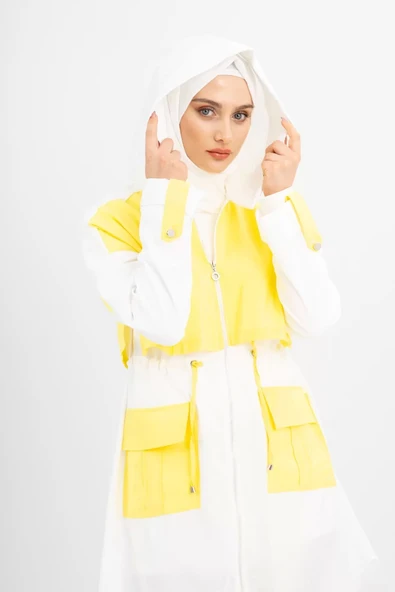 Körüklü Cepli Kapüşonlu Spor Kap - Sarı/Ekru - 4