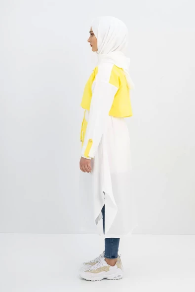 Körüklü Cepli Kapüşonlu Spor Kap - Sarı/Ekru - 2