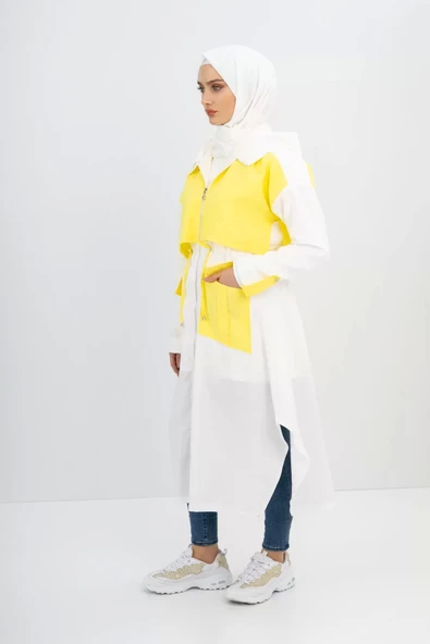 Körüklü Cepli Kapüşonlu Spor Kap - Sarı/Ekru - 5