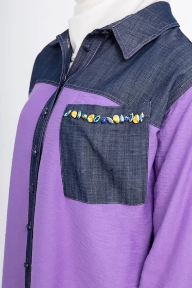 Taş İşlemesi Fay Tencel Tunik - Lila - 5