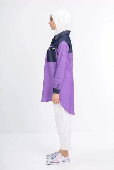 Taş İşlemesi Fay Tencel Tunik - Lila - 6