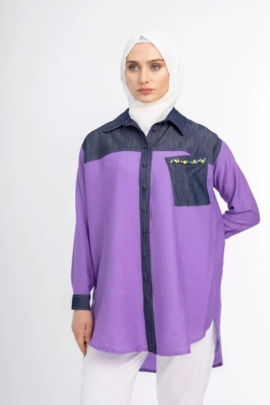 Taş İşlemesi Fay Tencel Tunik - Lila - 3