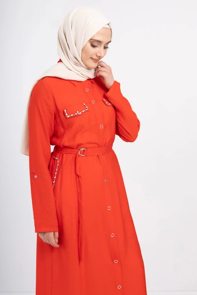 Taş İşlemeli Keten Ferace - Kırmızı - 4