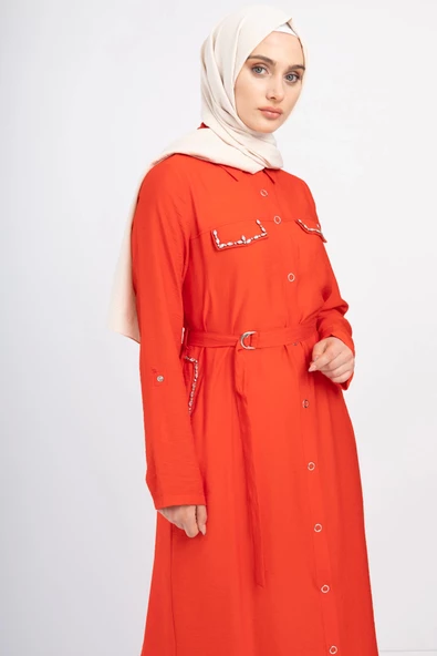 Taş İşlemeli Keten Ferace - Kırmızı - 5