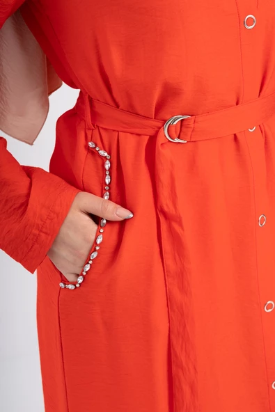 Taş İşlemeli Keten Ferace - Kırmızı - 7