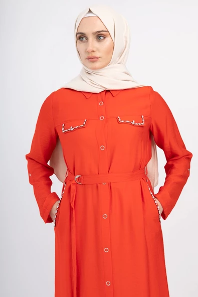 Taş İşlemeli Keten Ferace - Kırmızı - 6