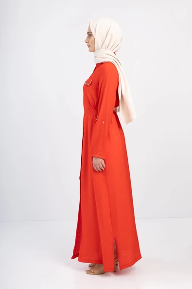 Taş İşlemeli Keten Ferace - Kırmızı - 3