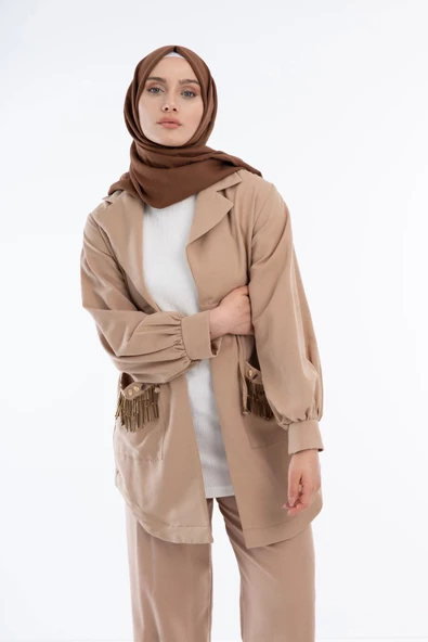 Keten Taş İşlemeli Üçlü Takım - Camel - 6