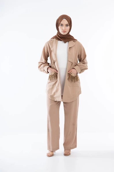 Keten Taş İşlemeli Üçlü Takım - Camel - 5