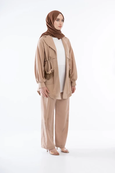 Keten Taş İşlemeli Üçlü Takım - Camel - 3