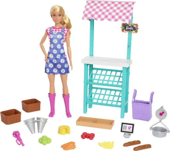 Barbie Çiftçi Pazarı Oyun Seti, Sarışın Barbie Bebek, Pazar Tezgahı, Kasa, Sebzeler, Ekmek, Peynir V