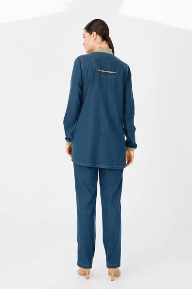 PANTOLON TUNİK LİKRALI İKİLİ TENCEL KOT TAKIM - Kot Bej Tint - 5
