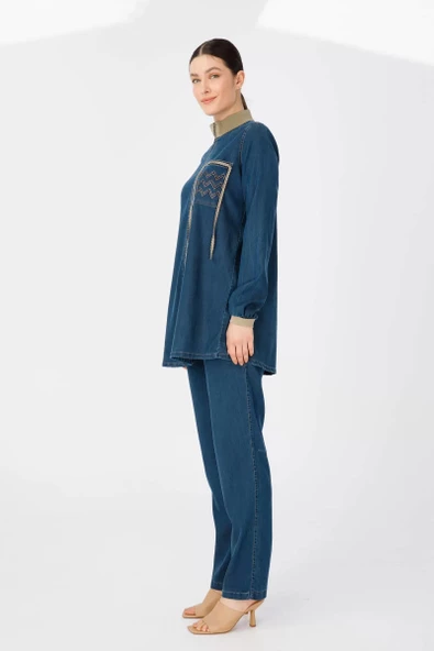 PANTOLON TUNİK LİKRALI İKİLİ TENCEL KOT TAKIM - Kot Bej Tint - 3