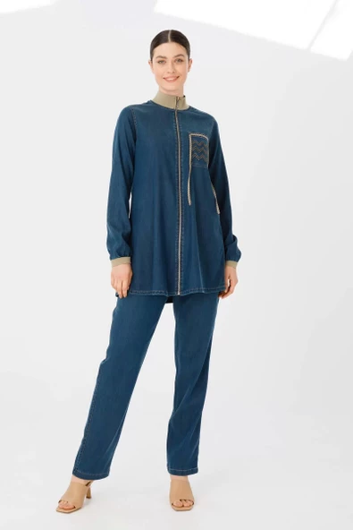 PANTOLON TUNİK LİKRALI İKİLİ TENCEL KOT TAKIM - Kot Bej Tint - 4