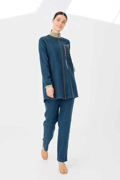 PANTOLON TUNİK LİKRALI İKİLİ TENCEL KOT TAKIM - Kot Bej Tint - 2