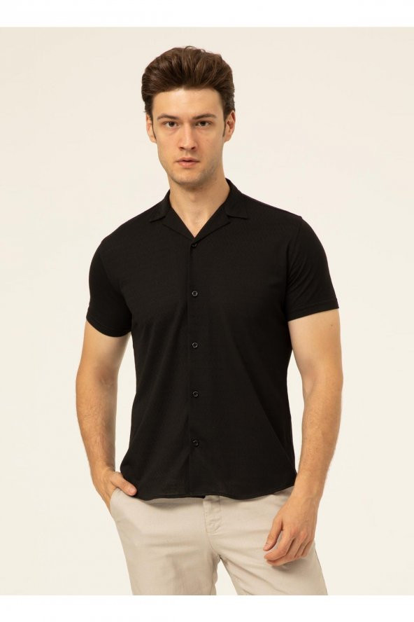 Düğmeli Yaka Armürlü Siyah Erkek Gömlek Gm2025500398 - Resim 2