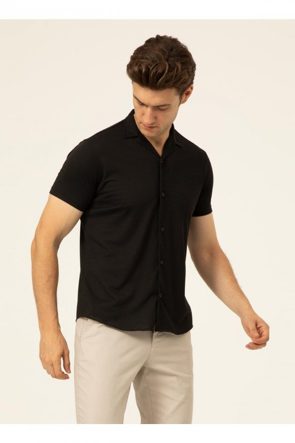 Düğmeli Yaka Armürlü Siyah Erkek Gömlek Gm2025500398 - Resim 3